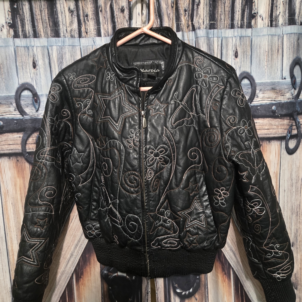 Vintage Marcia Collection Italian Leather Bomber Jacket Stars & Butterflies.